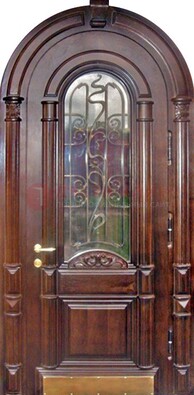 Арочная металлическая дверь массив со стеклом и ковкой ДА-50 в Апрелевке