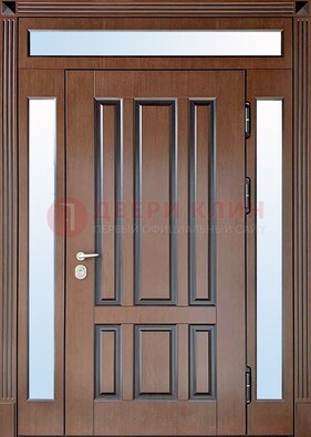 Железная дверь со стеклом и фрамугами в коричневом цвете ДФГ-8 в Апрелевке