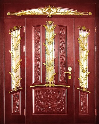 Бордовая железная парадная дверь со стеклом и ковкой ДПР-75 в Апрелевке