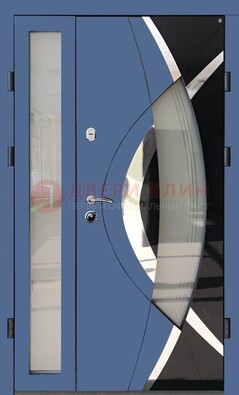 Синяя металлическая дверь со стеклом и узором ДС-13 в Апрелевке