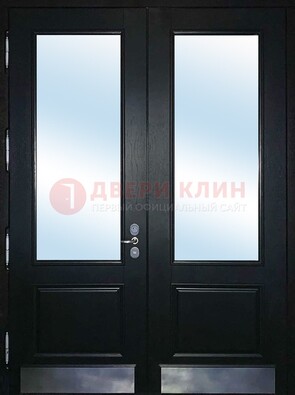 Черная двухстворчатая металлическая дверь со стеклом ДС-25 в Апрелевке