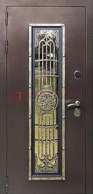 Железная дверь цвета медный антик со стеклом и ковкой ДСК-105 в Апрелевке