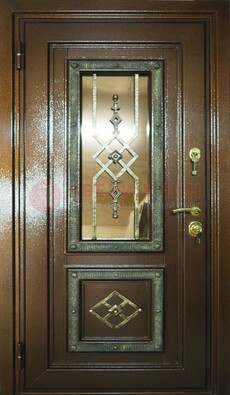 Теплая входная дверь со стеклом и ковкой разноцветной ДСК-13 в Апрелевке