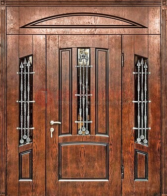 Стальная дверь со стеклом и ковкой с фрамугами ДСК-149 коричневая в Апрелевке