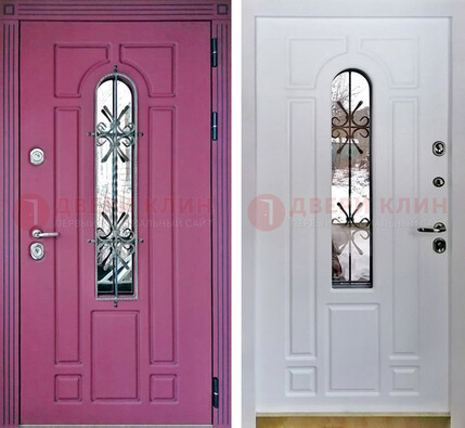 Розовая металлическая дверь со стеклом и ковкой ДСК-151 в Апрелевке