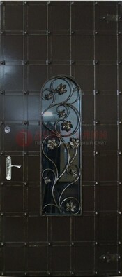 Высокая железная дверь со стеклом и ковкой ДСК-15 в Апрелевке
