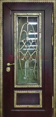Темная уличная дверь порошок со стеклом и ковкой ДСК-167 в Апрелевке