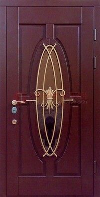 Бордовая стальная дверь Винорит со стеклом и ковкой ДСК-263 в Апрелевке