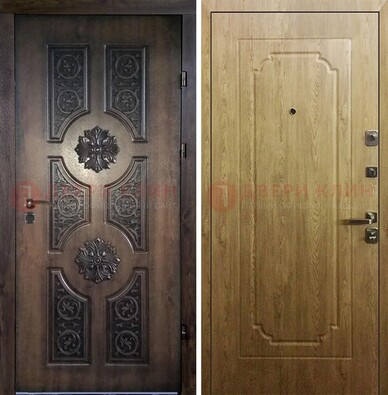 Железная коричневая дверь с виноритом и Золотой дуб внутри ДВТ-101 в Апрелевке