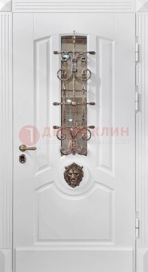 Белая металлическая дверь с виноритом и стеклом с ковкой ДВТ-165 в Апрелевке
