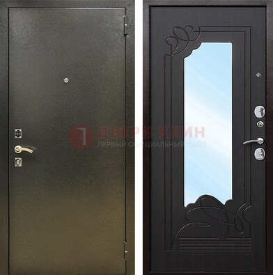 Железная темная дверь c порошковым напылением и МДФ с узором и зеркалом ДЗ-111 в Апрелевке