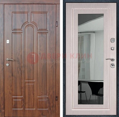 Входная коричневая дверь с МДФ Белый дуб и зеркалом ДЗ-126 в Апрелевке