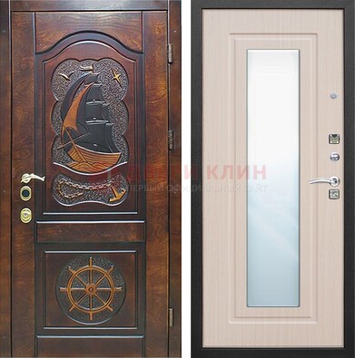 Темная уличная дверь с резьбой и зеркалом внутри ДЗ-49 в Апрелевке