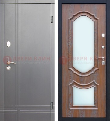 Серая входная дверь со светлой МДФ и зеркалами внутри ДЗ-77 в Апрелевке