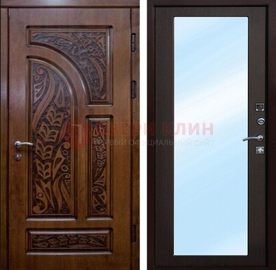 Коричневая входная дверь c узором и виноритом МДФ с зеркалом ДЗ-98 в Апрелевке