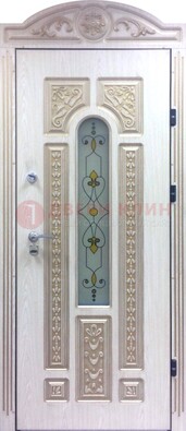 Белая железная дверь с МДФ и витражом ВЖ-26 в Апрелевке