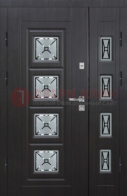 Чёрная двухстворчатая железная дверь с МДФ и витражом ВЖ-35 в Апрелевке
