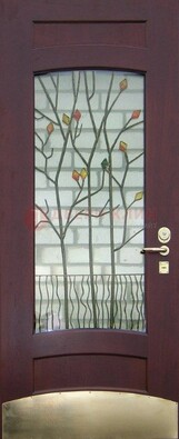 Бордовая стальная дверь с витражом и декоративным элементом ВЖ-3 в Апрелевке